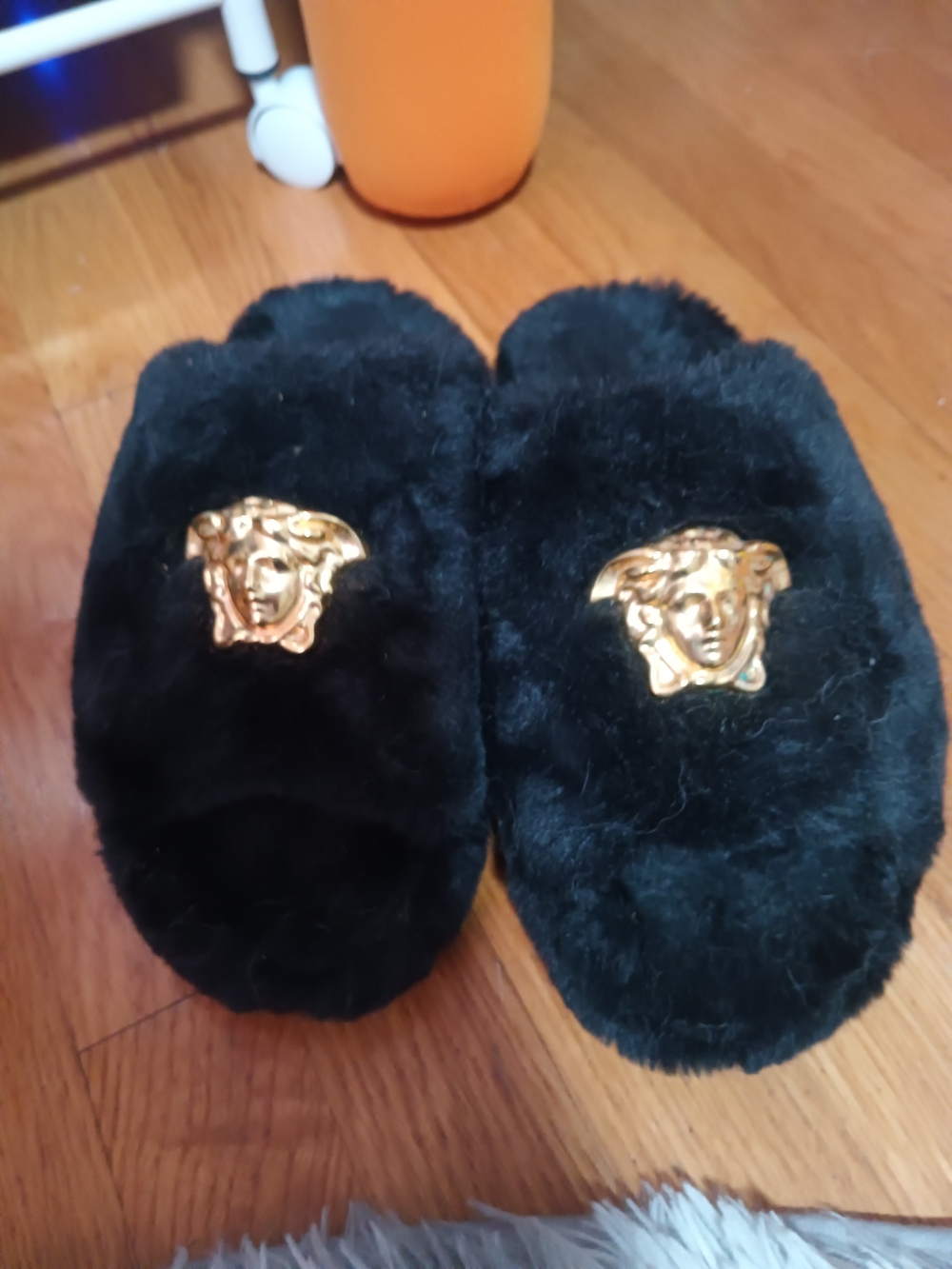 Versace Black Fur Slippers Slides 36
